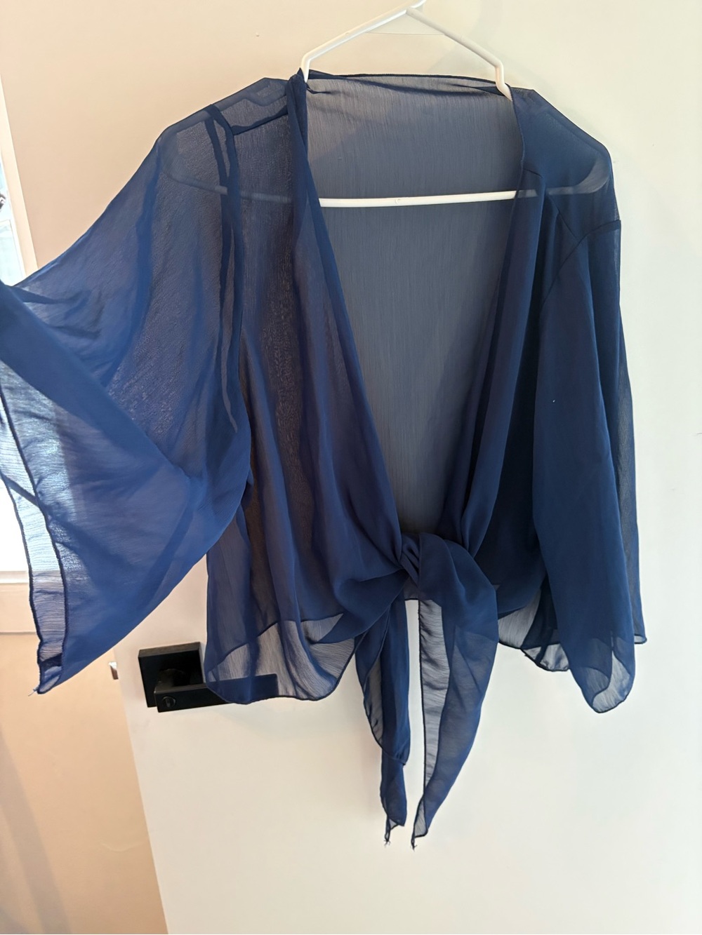 Navy Blue Sheer Chiffon Wrap Cardigan – Tie Front – Elegant Layering Piece, 2x